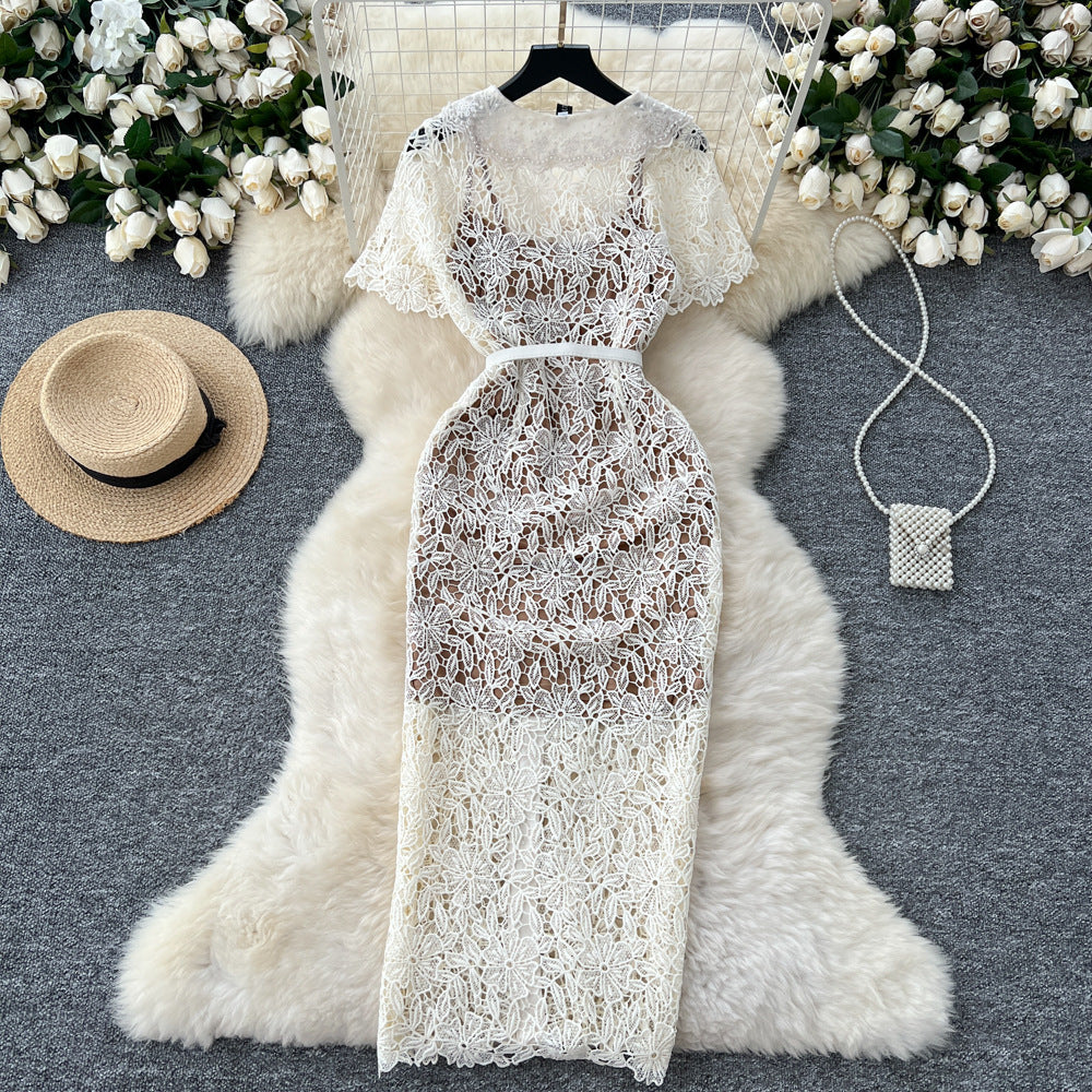 Elegant chanel-inspired summer dress for women - sweetheart style with peter pan collar, short sleeves, beaded single-breasted closure, slim fit, and lace crochet detailing