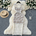 Elegant chanel-inspired summer dress for women - sweetheart style with peter pan collar, short sleeves, beaded single-breasted closure, slim fit, and lace crochet detailing