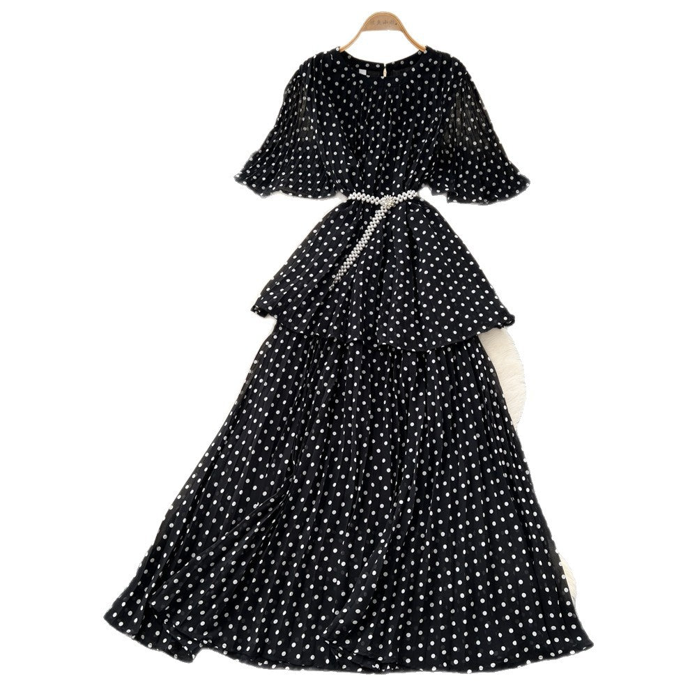 French red polka dot short-sleeve a-line dress - women's summer slimming cake dress - elegant commute maxi dress