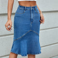 European and american style mid-waist elastic denim skirt flared fishtail mid-length skirt silm hip-covering patchworkruffles skirt