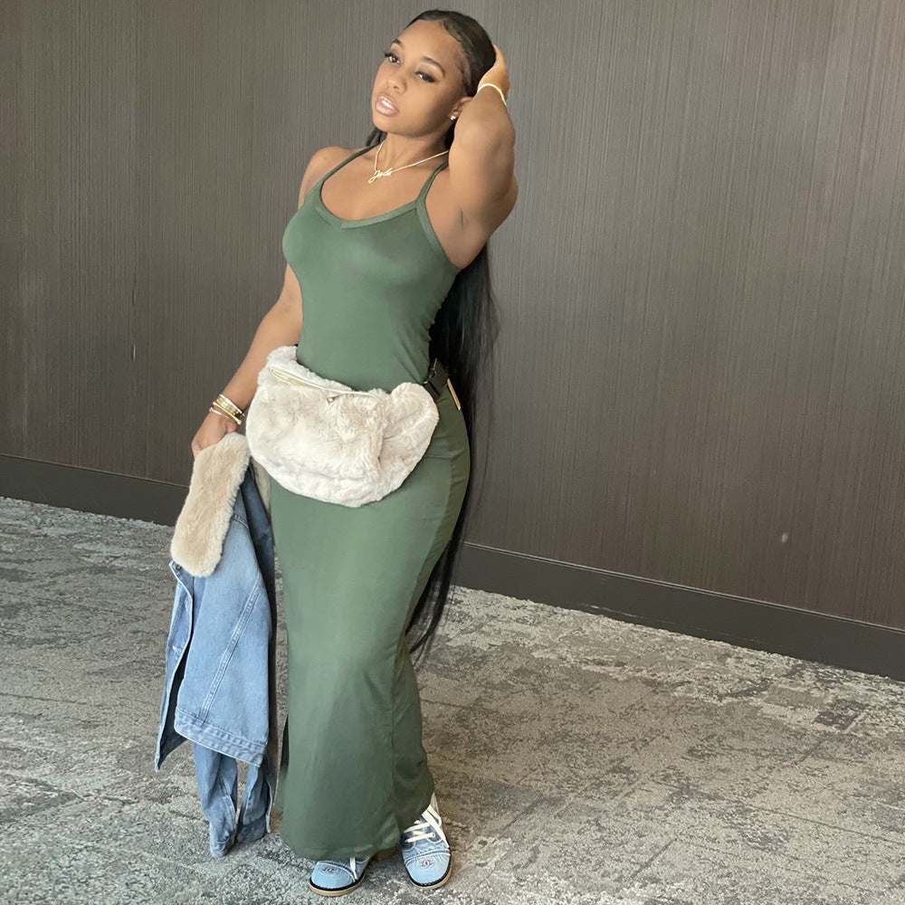 S390081 Foreign trade European and American women's clothing ins new models, sexy solid color suspender dress, fashionable temperament long dress women