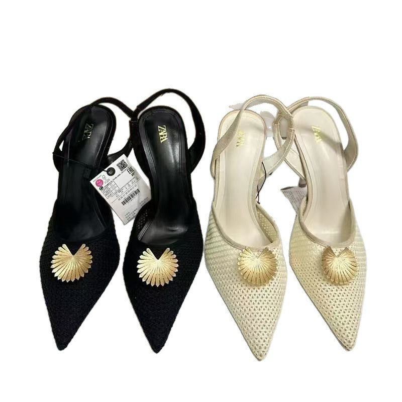 Za2025autum new fashion woven surface women's shoes classypointed toe high heels women's embellished metal flower sandals