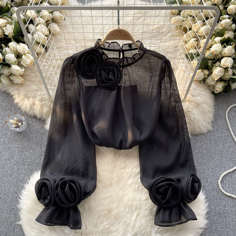 Frenchshirt women's sense of designniche style stereo flower puff sleeves age reduction easiest for matchpure color chiffon shirt women's long sleevestops