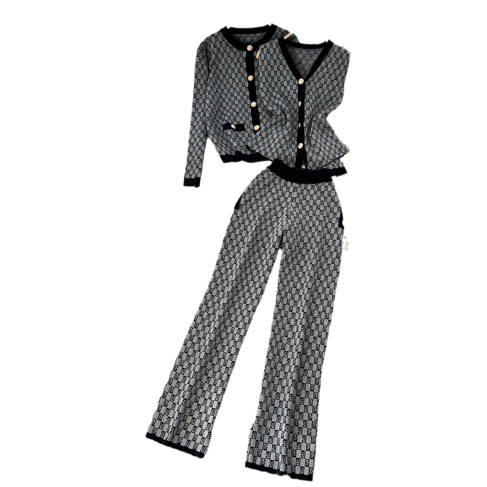 Fashion retro jacquard suit women's small fragrant style sleeveless knitting waistcoat sweatercardiganoutwear wide leg pants