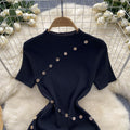 Elegant semi-high neck short sleeve dress - women's designer knit midi dress with button detail, cinched waist, and slit hem for a slimming silhouette
