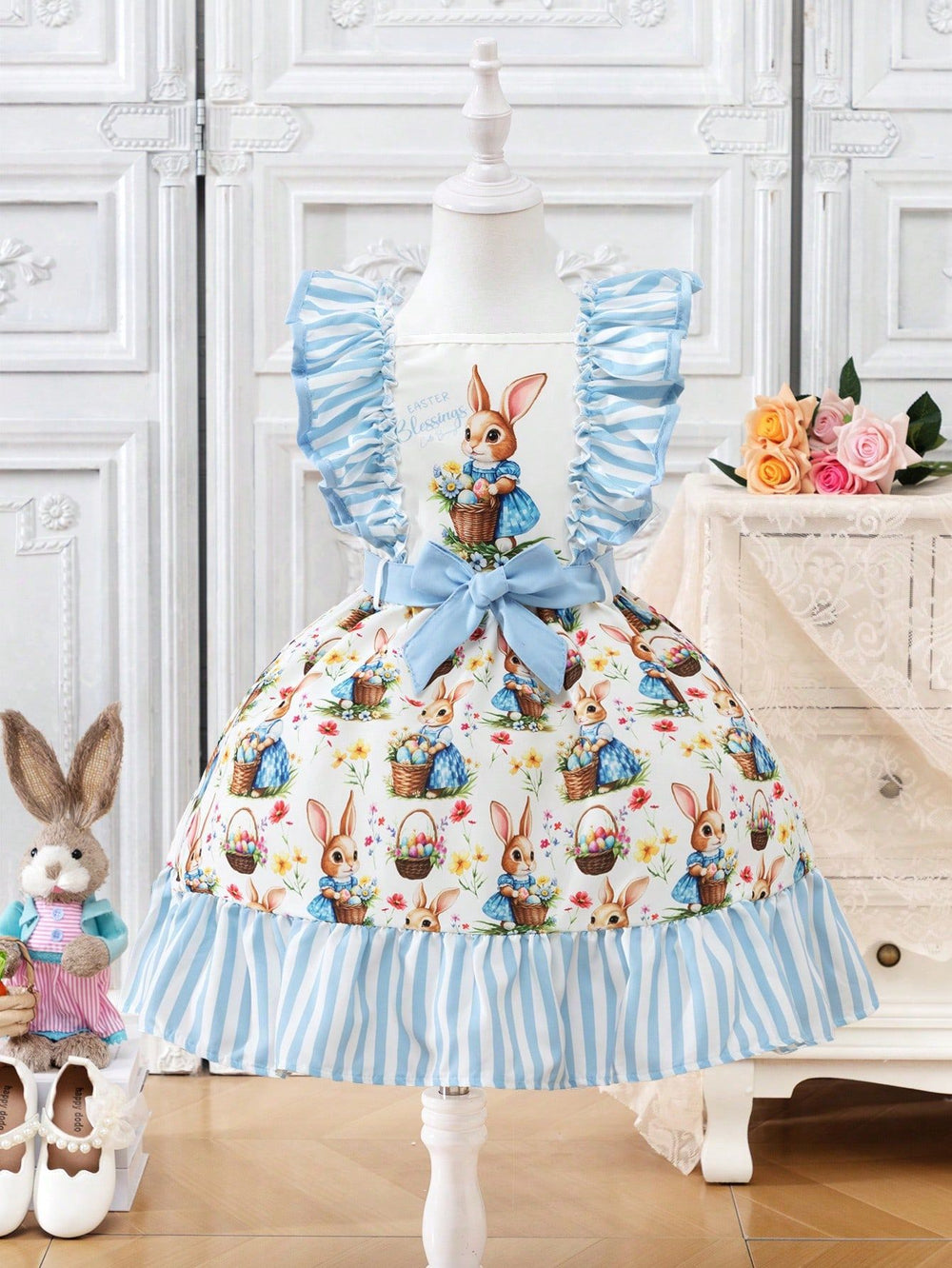 hot-selling girls' woven ruffle sleeve printed bow princess dress - cross-border exclusive for export
