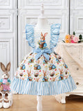 hot-selling girls' woven ruffle sleeve printed bow princess dress - cross-border exclusive for export