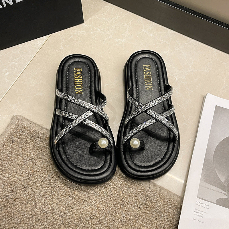 Best selling pearl rhinestone toe slippers women's summer outwear new thick sole wedge heel flip flops roman beach sandals