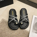 Best selling pearl rhinestone toe slippers women's summer outwear new thick sole wedge heel flip flops roman beach sandals