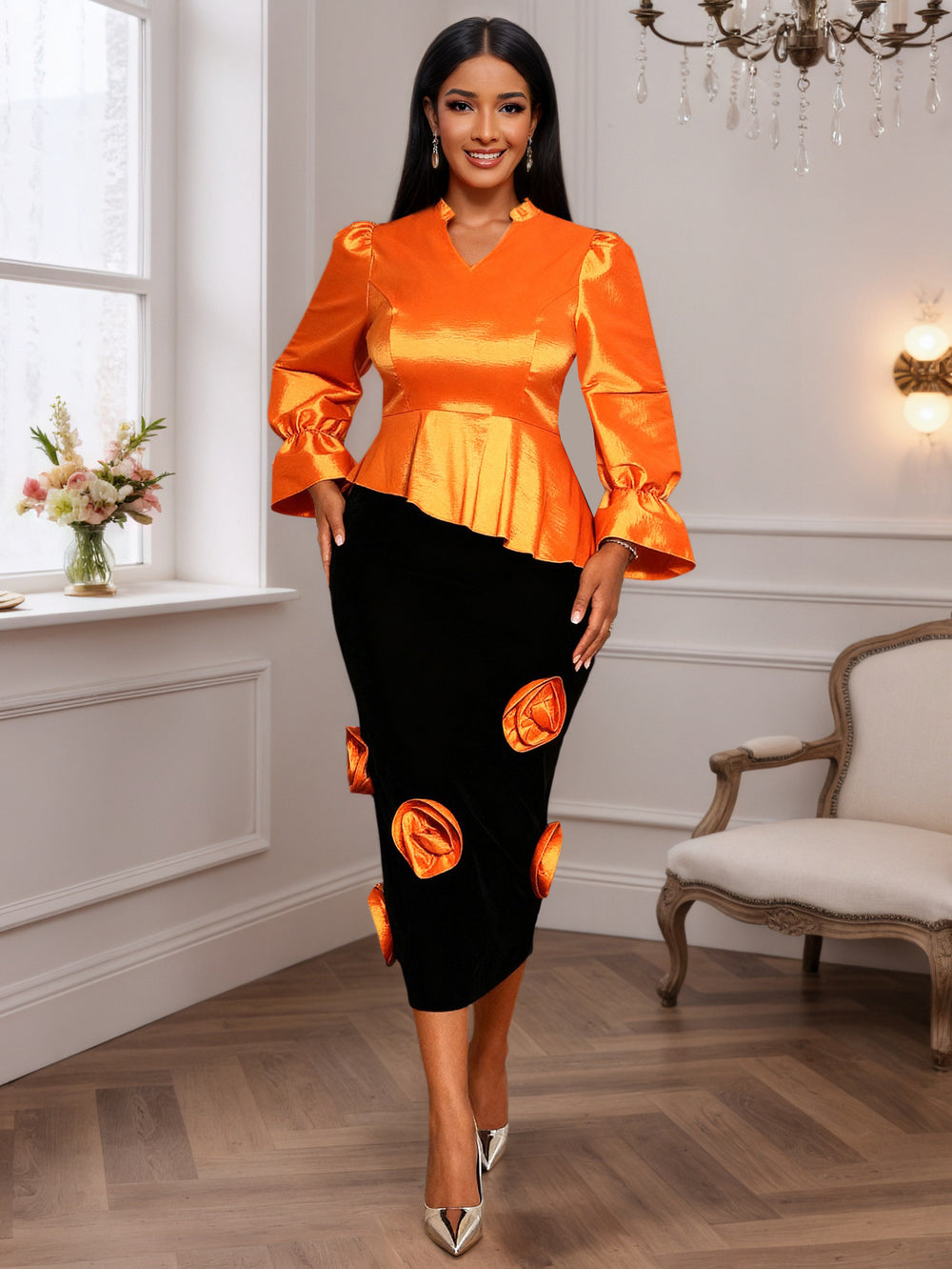 puff sleeve glossy tops silmslimming lookstereo flower hip skirt two-piece settwo-piece set