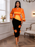 puff sleeve glossy tops silmslimming lookstereo flower hip skirt two-piece settwo-piece set