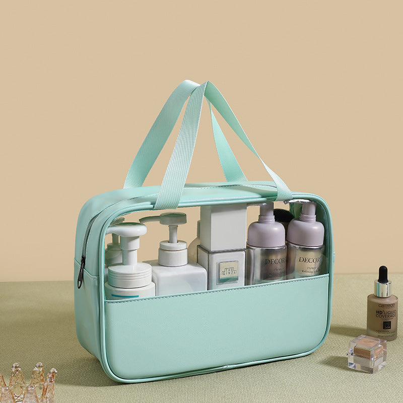 Splicing transparent cosmetic bag PVC bath toilet bag PU waterproof handbag large capacity travel portable storage bag