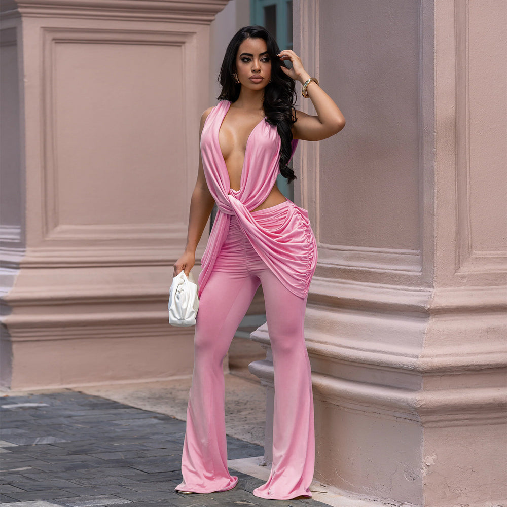 C7722 cross-border   fashion women's sexy backless solid color bodycon jumpsuit