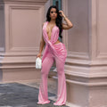 C7722 cross-border   fashion women's sexy backless solid color bodycon jumpsuit