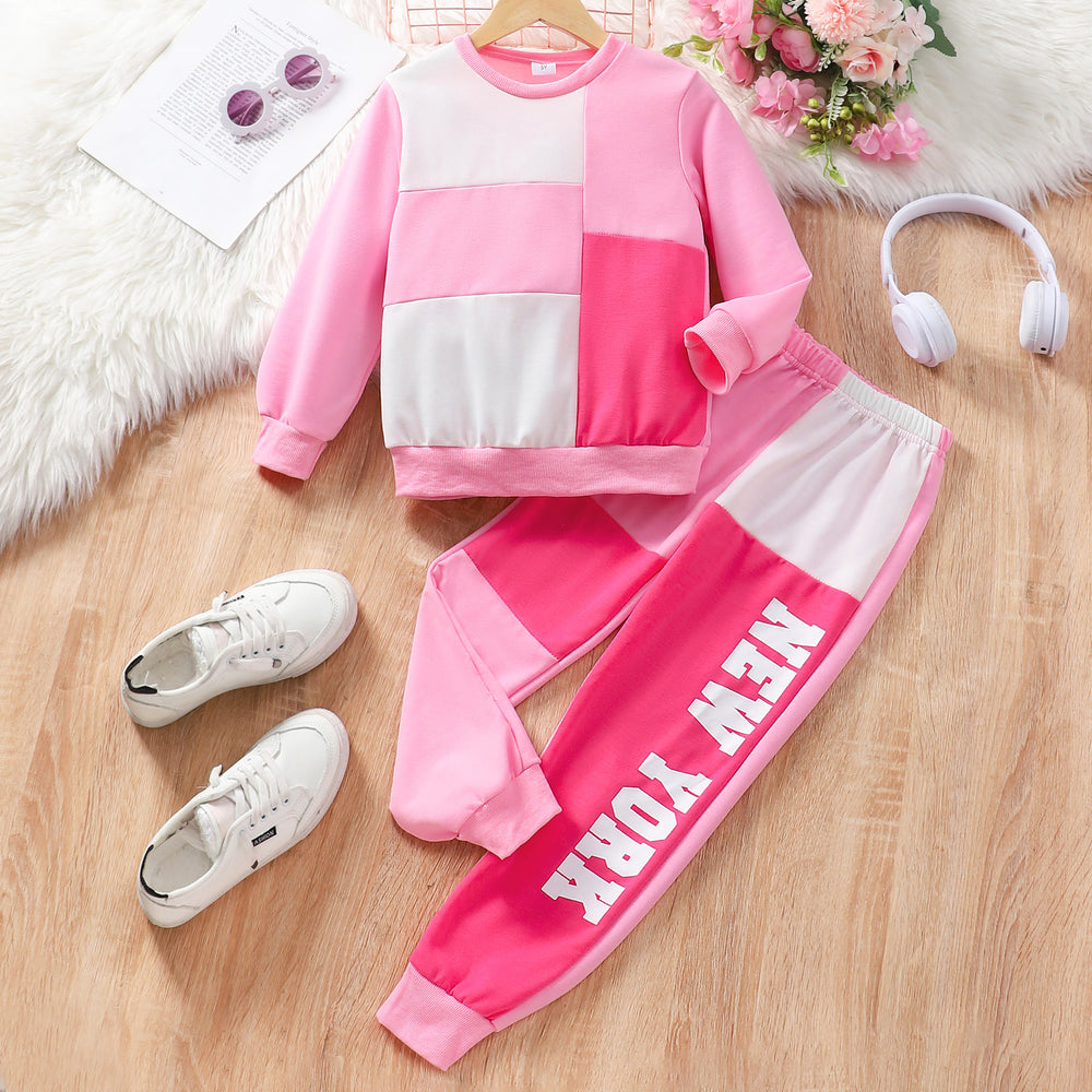 new girls' long-sleeve crewneck patchwork top and pants set