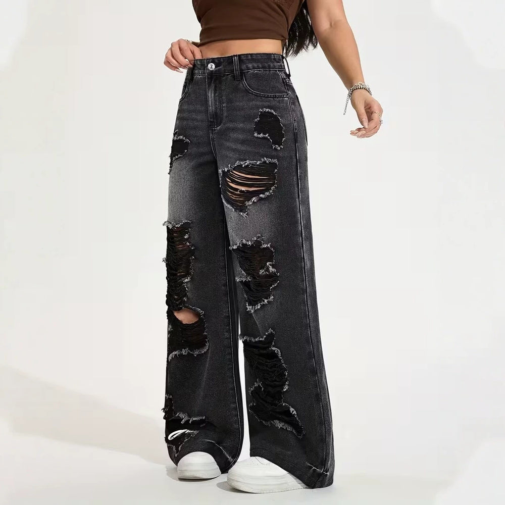 European and american heavy-duty distressed black and grey wash wide-leg jeans - women's high-waisted straight-leg streetwear hot girl style trousers