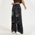 European and american heavy-duty distressed black and grey wash wide-leg jeans - women's high-waisted straight-leg streetwear hot girl style trousers