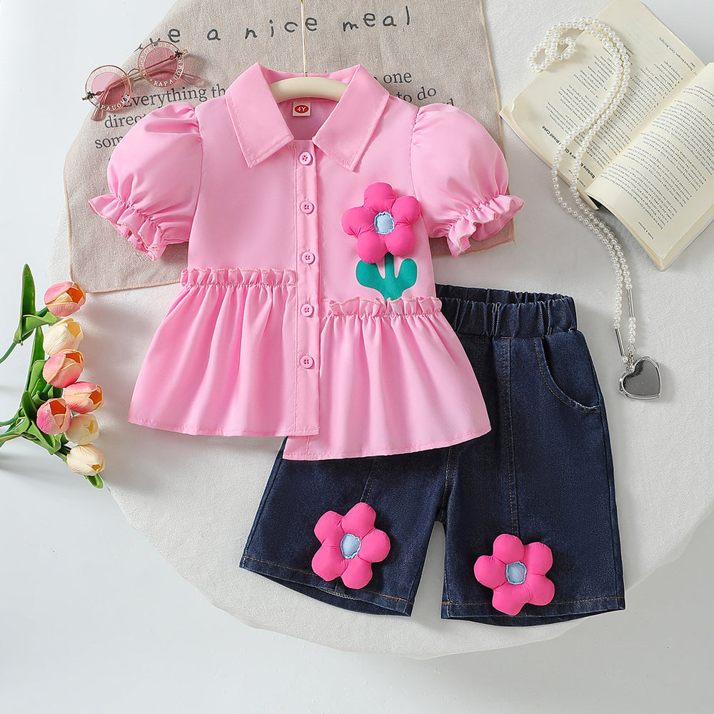 cross-border girl stereo flower shirt skirt + imitation denim mid-pants suit two-piece set