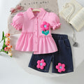cross-border girl stereo flower shirt skirt + imitation denim mid-pants suit two-piece set