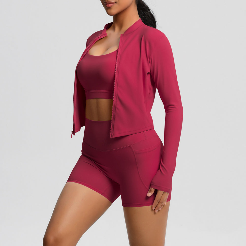 European and american solid color racerback bra, compression yoga top, pocket shorts, cloud-like running fitness set - 3 piece activewear set