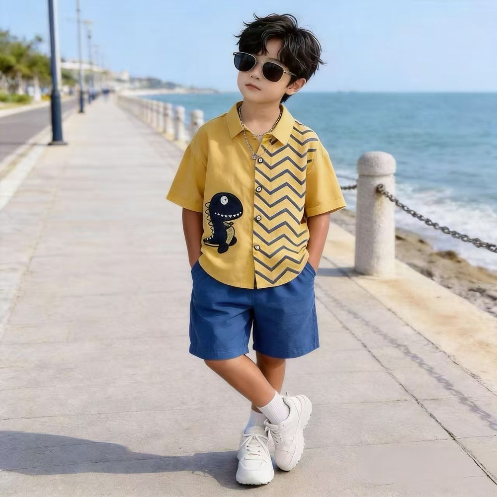 wholesale of children's and toddler's clothing: new summer collection featuring collared shirts with dinosaur prints and cargo shorts sets, in stock and ready to ship