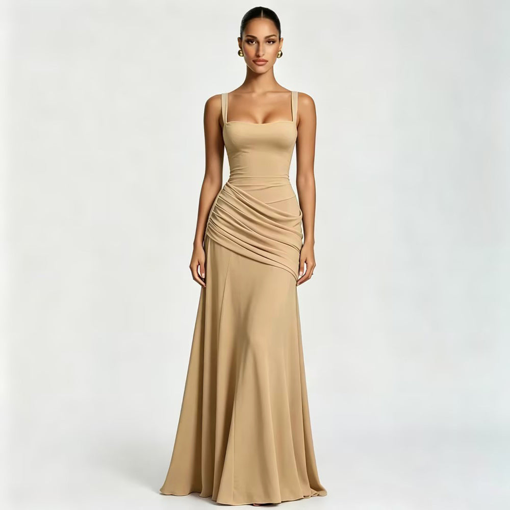 European and american style women's spring  new arrival: elegant solid color low-cut ruched camisole dress with cinched waist and open back - wholesale