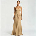 European and american style women's spring  new arrival: elegant solid color low-cut ruched camisole dress with cinched waist and open back - wholesale
