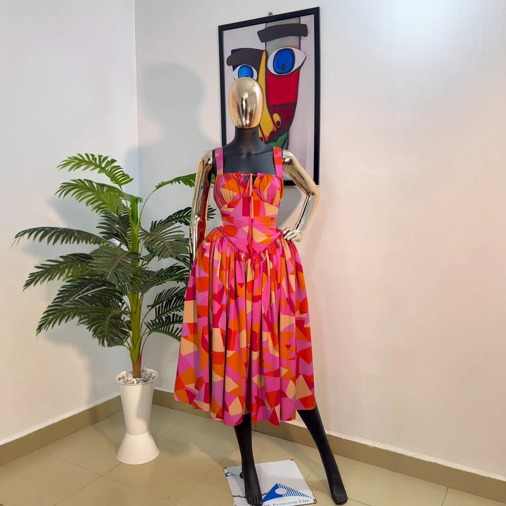 supply summernew arrivalprintingsexy waist mid-length skirt fashionfashion geometric printing suspender skirt