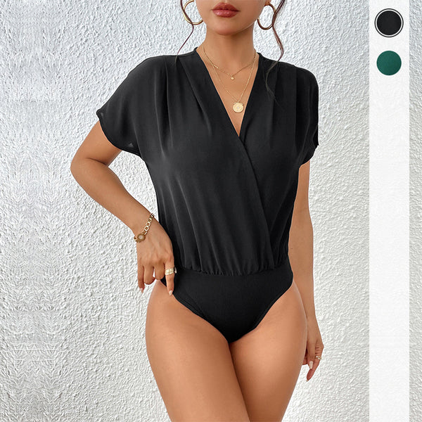 Independent Station hot-selling summer explosion  versatile simple drape black short-sleeved V-neck onesie