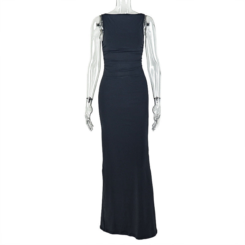 Fashion styleexportpure color women's clothing waist backless slimming look hip skirt elegant high collar sleeveless evening long dress
