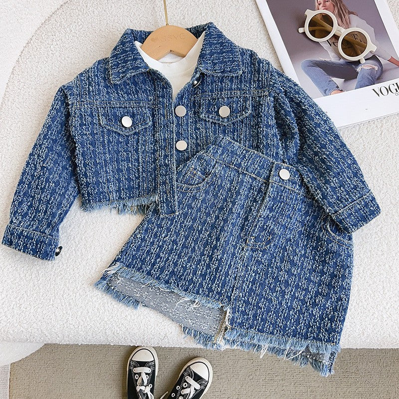 Baby girl spring/autumn preppy style long-sleeve casual outfit  girls' chanel-inspired denim jacket and mini skirt two-piece set
