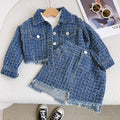 Baby girl spring/autumn preppy style long-sleeve casual outfit  girls' chanel-inspired denim jacket and mini skirt two-piece set