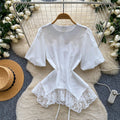 Korean style commute chic lace patchwork short sleeve blouse - women's summer, skin-friendly, breathable, loose fit, high-end, and stylish top