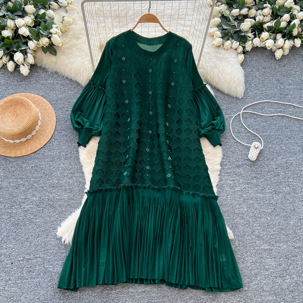 European and american fashion heavy beaded lantern sleeve loose pleated dress women's  autumn casual high-end long dress