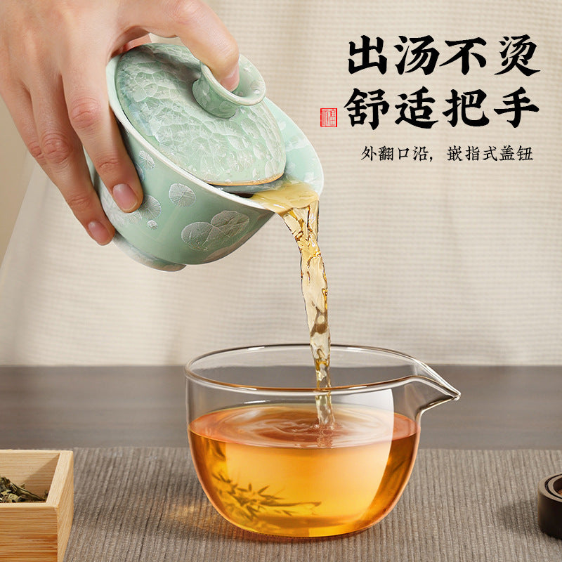 Crystal glaze travel tea set suit one pot two cups camping kung fu tea set gift portable quick cup sancai covered bowl