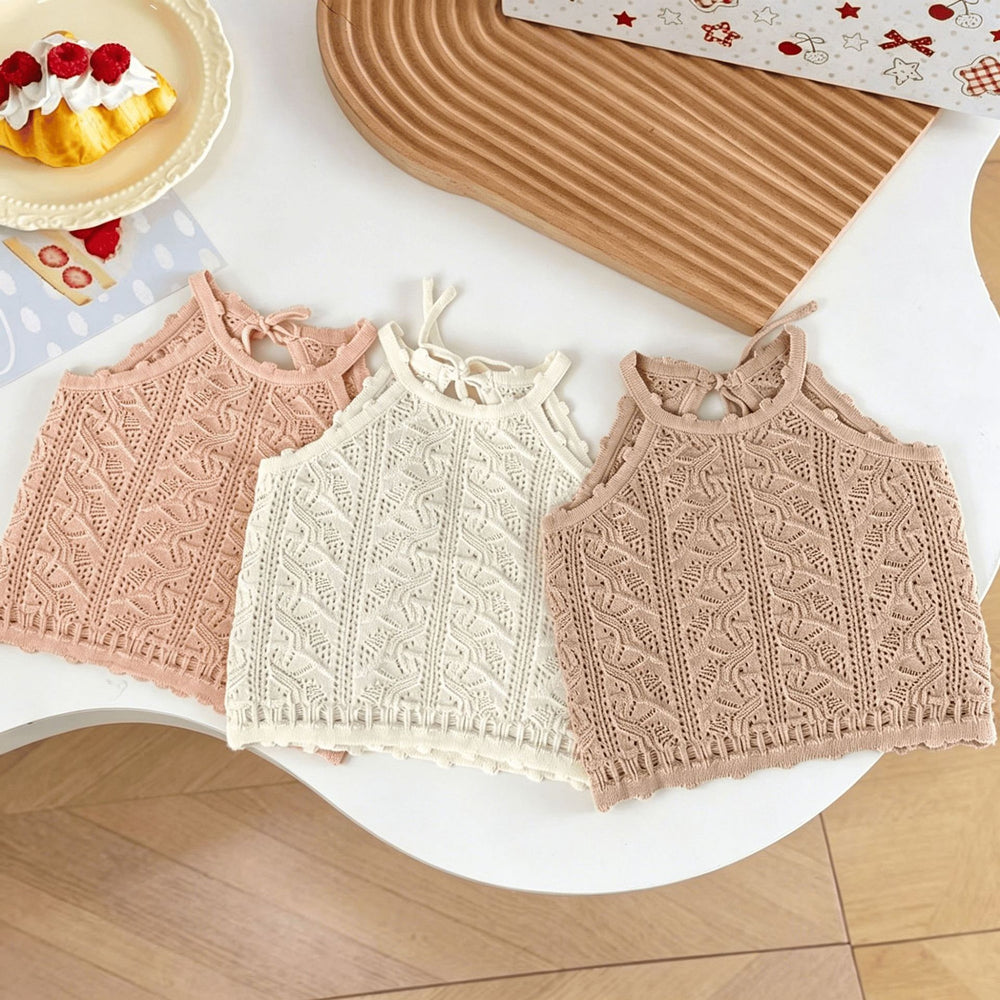 Girls' summer new knitted tank top - baby versatile raglan sleeve tie-up cutout backless sleeveless baby cami