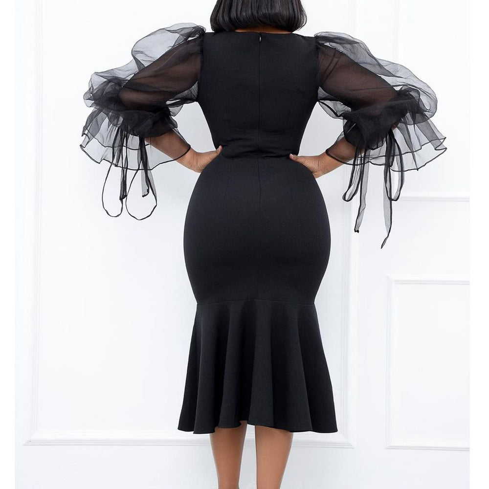 D172  independent station mesh splicing fishtail dress european and american fashion large size hip-covering cross-border dress
