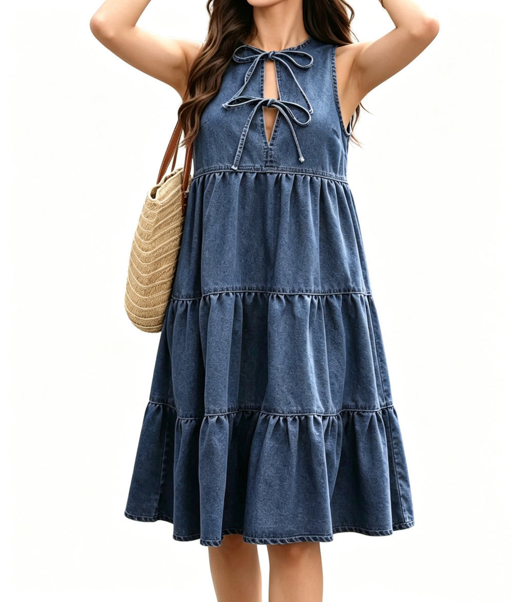 european and american summer new style bowknot sleeveless denim dress - women's european and american fashion trendy ruched mini dress