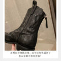 New arrivalfall and winterfashionable pointed toe v-mouth fashionretro denim slim boots thick heel wrinkled western short boots accessible luxury