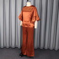 satin bell sleeves casualtwo-piece set elegantwork clothingpure color waist topsloose pantssuitpants