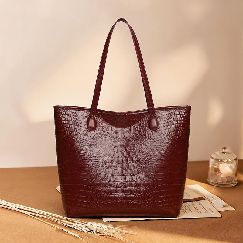 Trendy fashion tote bag 2026 new spring solid color crocodile pattern large capacity shoulder bag handbag women's bag