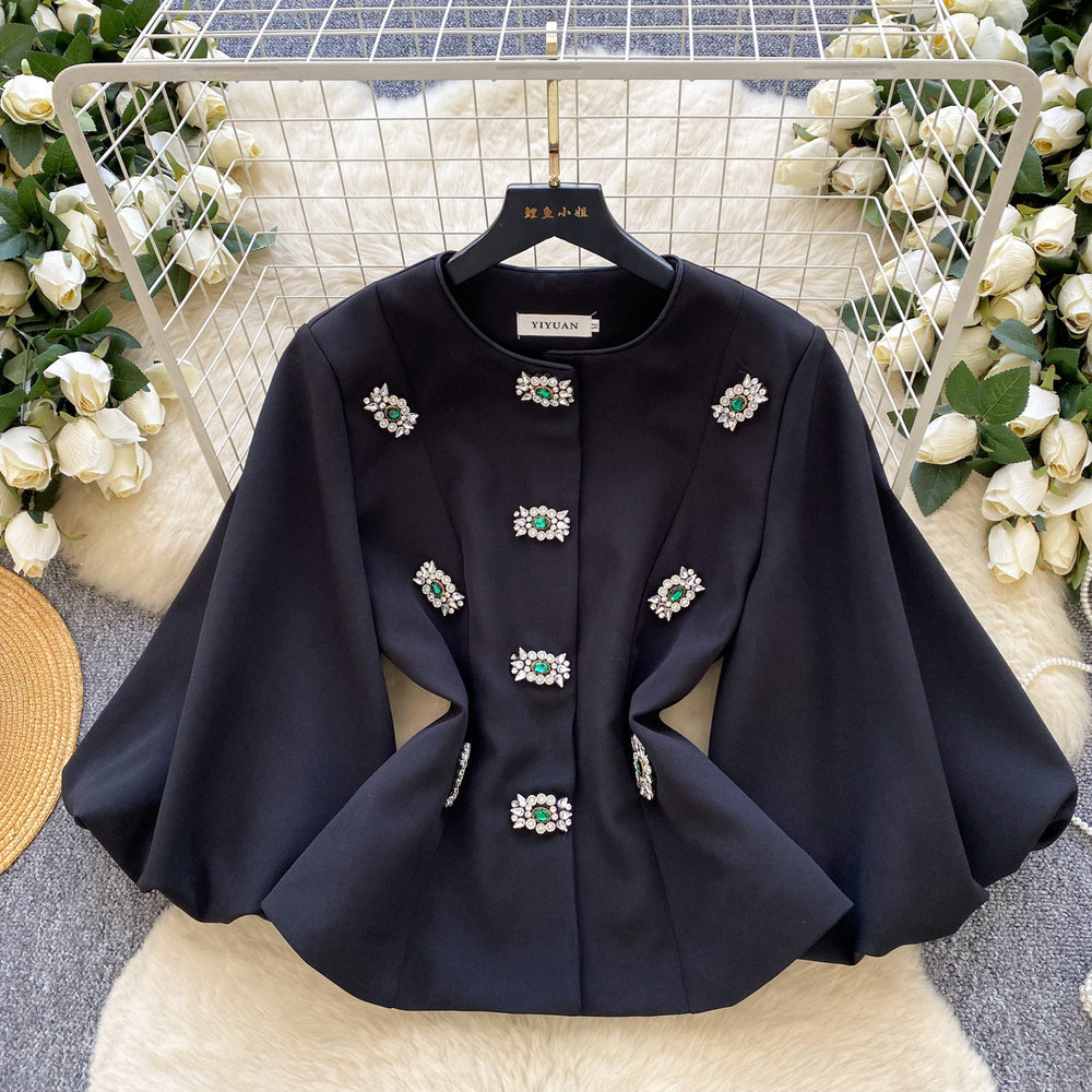 Xiaoxiangfeng celebrityclassy heavy industry diamond round neck lantern sleeve waist outwear women's autumfrencheasiest for matchtops