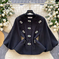 Xiaoxiangfeng celebrityclassy heavy industry diamond round neck lantern sleeve waist outwear women's autumfrencheasiest for matchtops