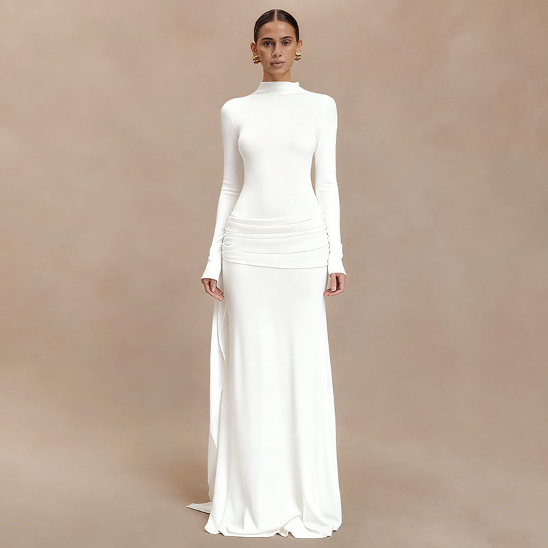 Aliexpress european and american women's winter new arrival: solid color, elegant, long-sleeved, slim-fit maxi dress with ruched detail and flowing ribbon – a touch of grace
