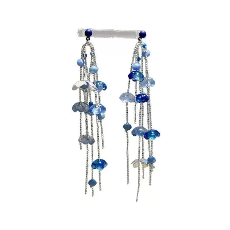 French chic tassel flower earrings - ethereal blue, fresh & elegant, unique long drop earrings for spring/summer beach style