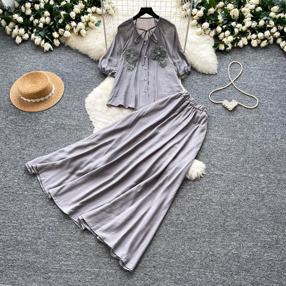French chic embroidered blouse and high-waisted midi skirt two-piece set - women's summer commute style, slimming and elegant outfit