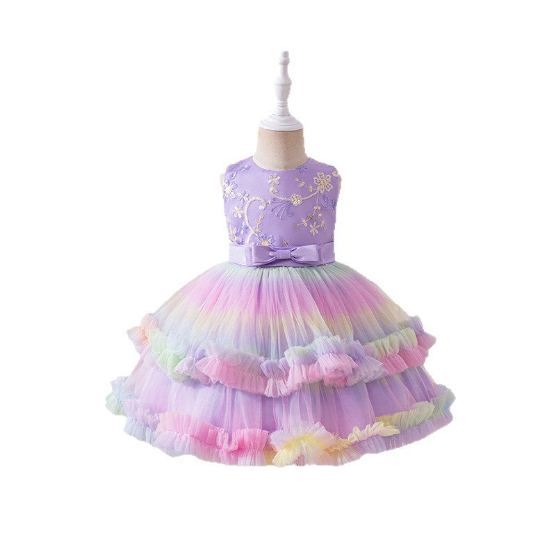 European and american new princess dress mesh print rainbow floral girl's wedding dress party baby's first birthday christening gown