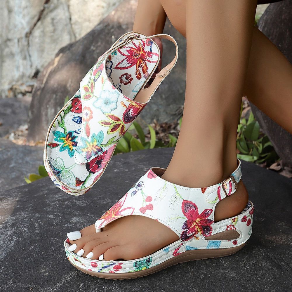 plus size women's herringbone sandals  new style ethnic style embroidered flower back strap wedge sandals for women wholesale