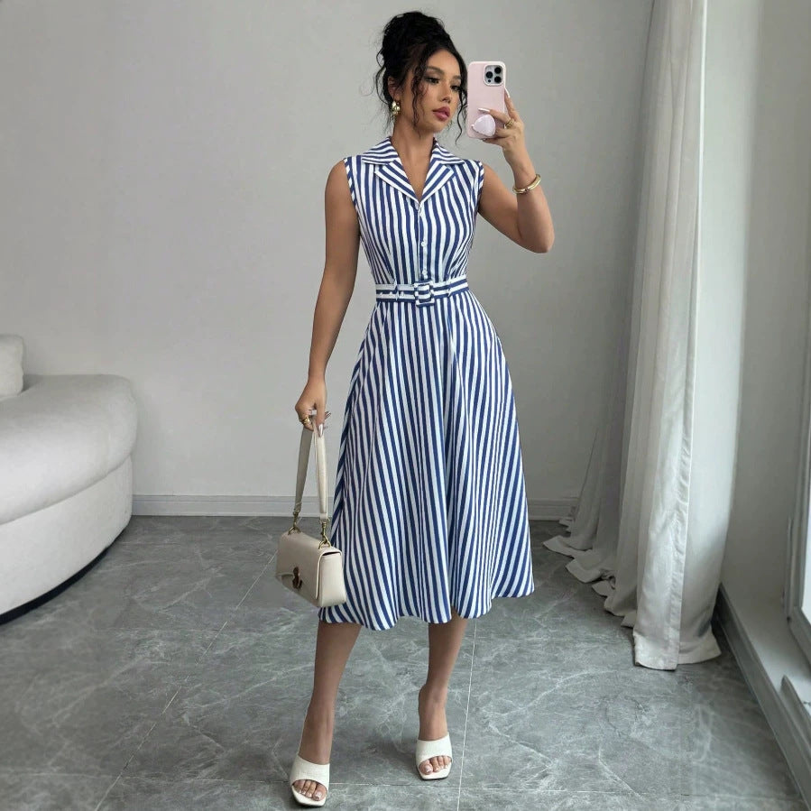 new european and american cross-border  hot-selling striped waist-defining maxi dress - elegant, slimming, sleeveless a-line skirt