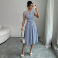 new european and american cross-border  hot-selling striped waist-defining maxi dress - elegant, slimming, sleeveless a-line skirt